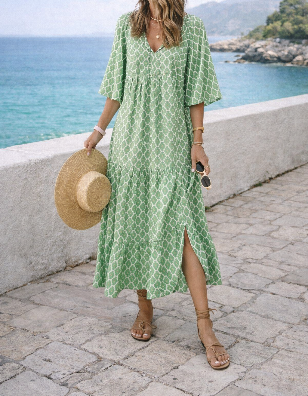 Abito lungo Donna Scollo a V Tessuto Fluido Vestibilità Casual - Vesarelli