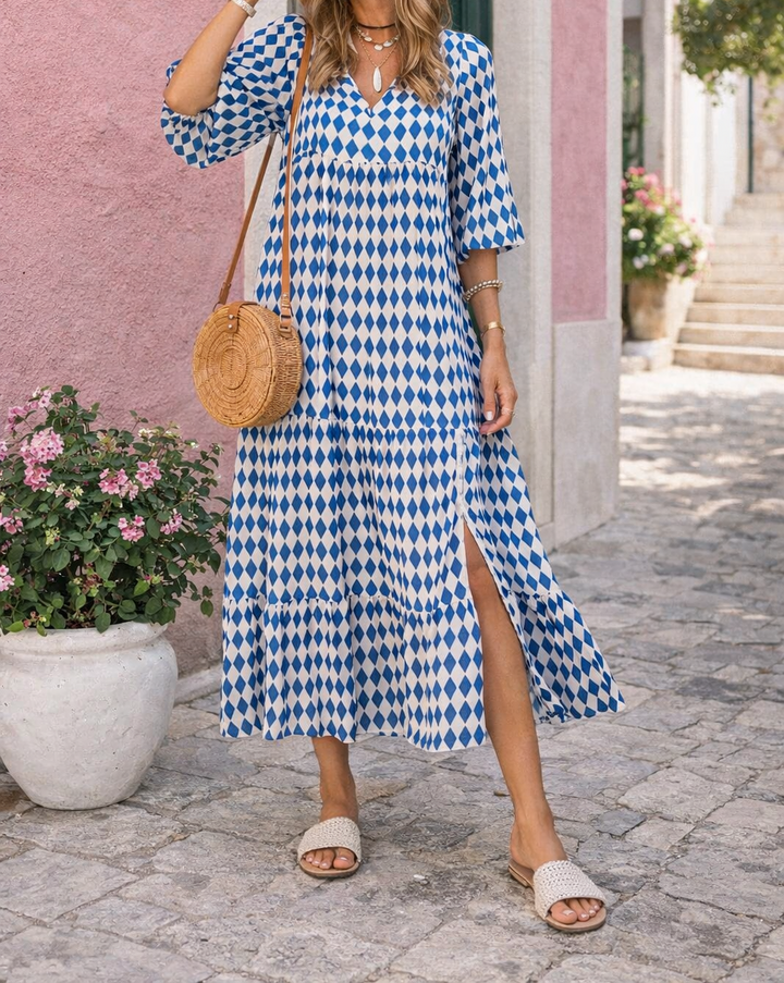 Abito lungo Donna Scollo a V Tessuto Fluido Vestibilità Casual