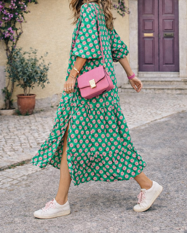 Abito lungo Donna Scollo a V Tessuto Fluido Vestibilità Casual