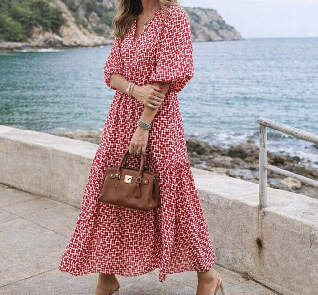 Abito lungo Donna Scollo a V Tessuto Fluido Vestibilità Casual