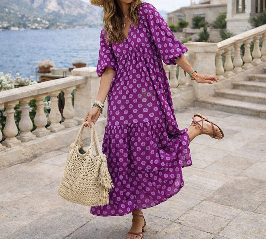 Abito lungo Donna Scollo a V Tessuto Fluido Vestibilità Casual