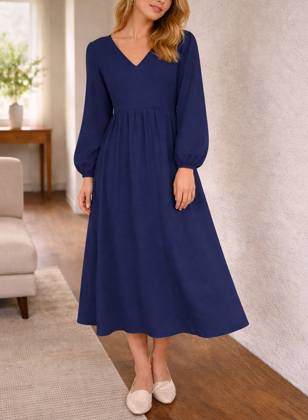 Abito Midi Donna Scollo a V Stile Casual Chic