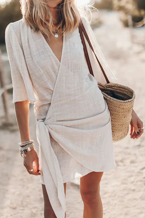 Abito Mini Donna a Portafoglio con Cintura Manica Corta Casual Chic