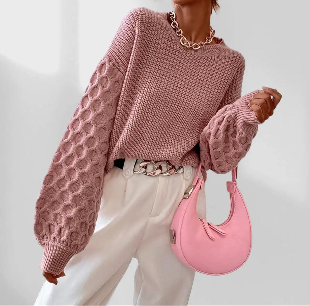 Maglione Donna Lavorato a Maglia Maniche a Lanterna Comodo Ampio