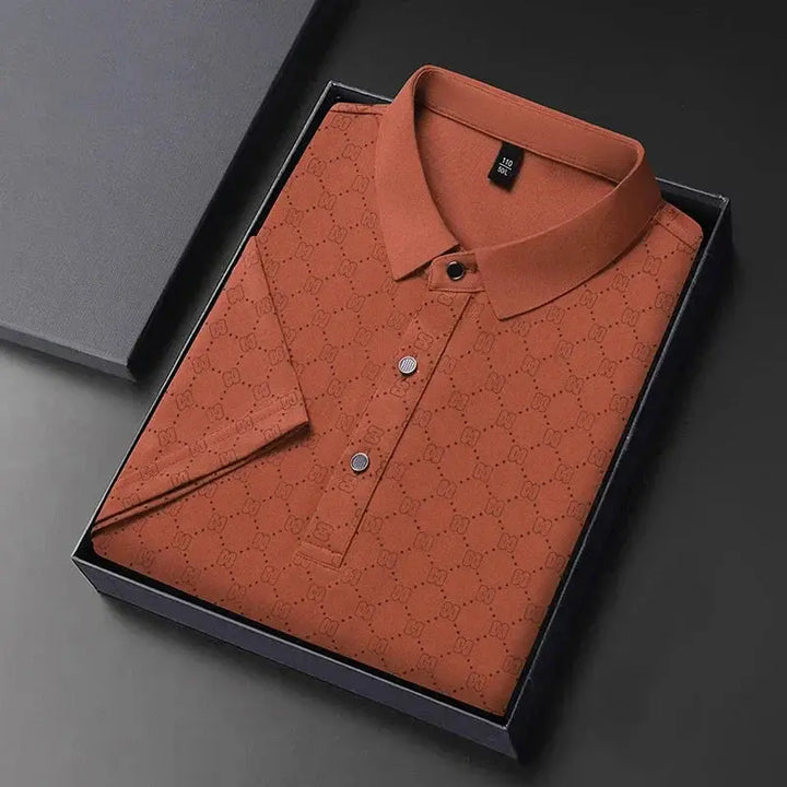 Camicia polo arancione elegante in confezione regalo, design a bottoni, tessuto di alta qualità, ideale per moda uomo, abbigliamento casual.