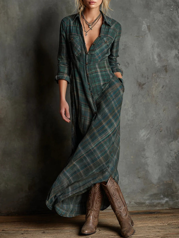 Abito Lungo Donna a Quadri Casual con Colletto - Vesarelli