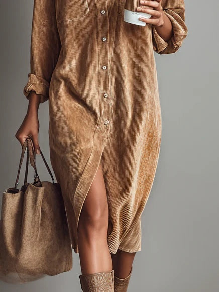 Abito Midi Donna Velluto a Coste Camicia Comodo