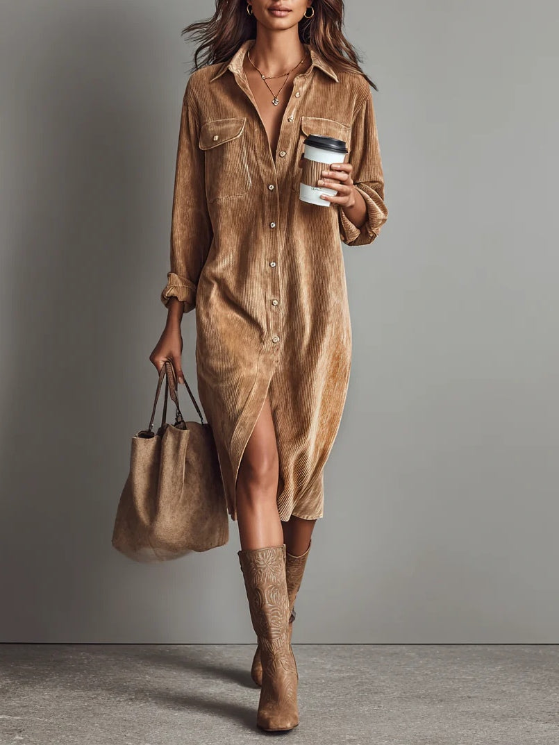 Abito Midi Donna Velluto a Coste Camicia Comodo - Vesarelli