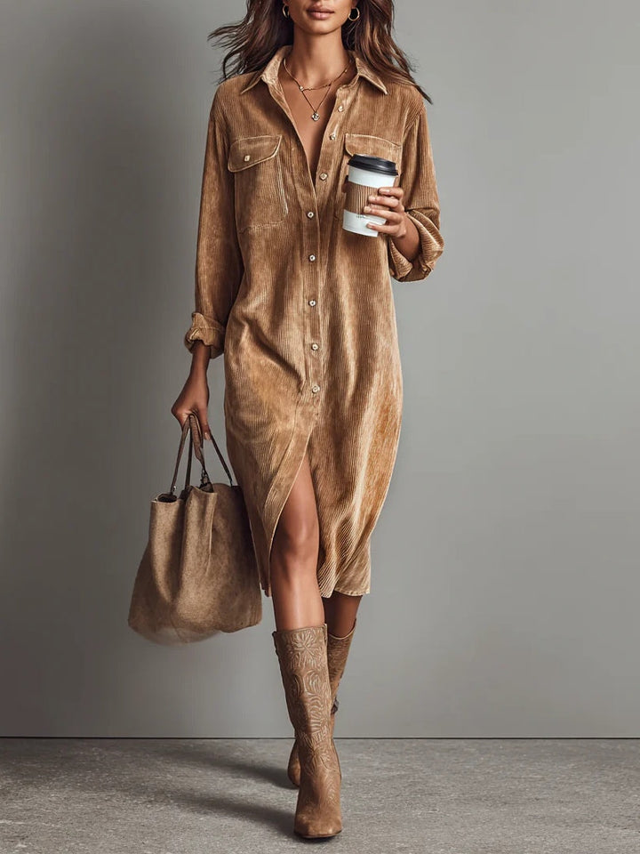 Abito Midi Donna Velluto a Coste Camicia Comodo - Vesarelli