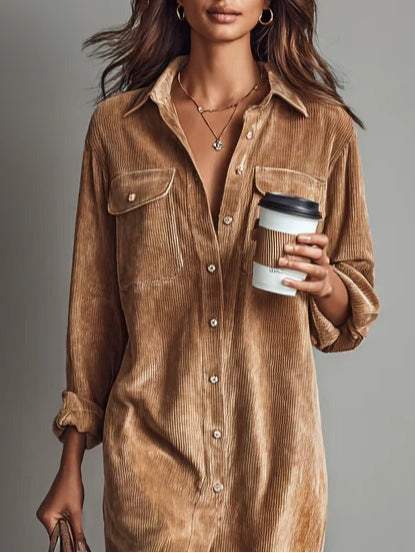 Abito Midi Donna Velluto a Coste Camicia Comodo