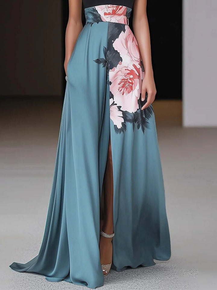 Abito Maxi Donna A-Line Senza Maniche Spacco Dettaglio Floreale