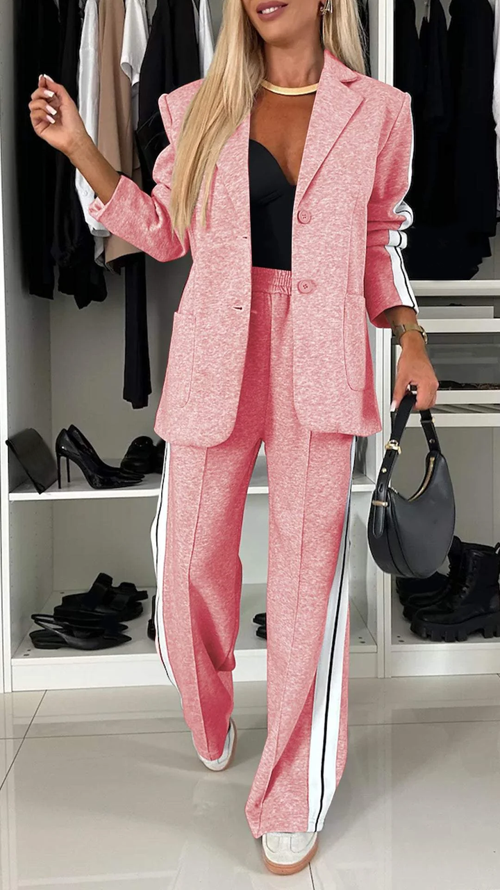Completo Donna Casual Giacca Monopetto Righe Pantaloni Gamba Larga