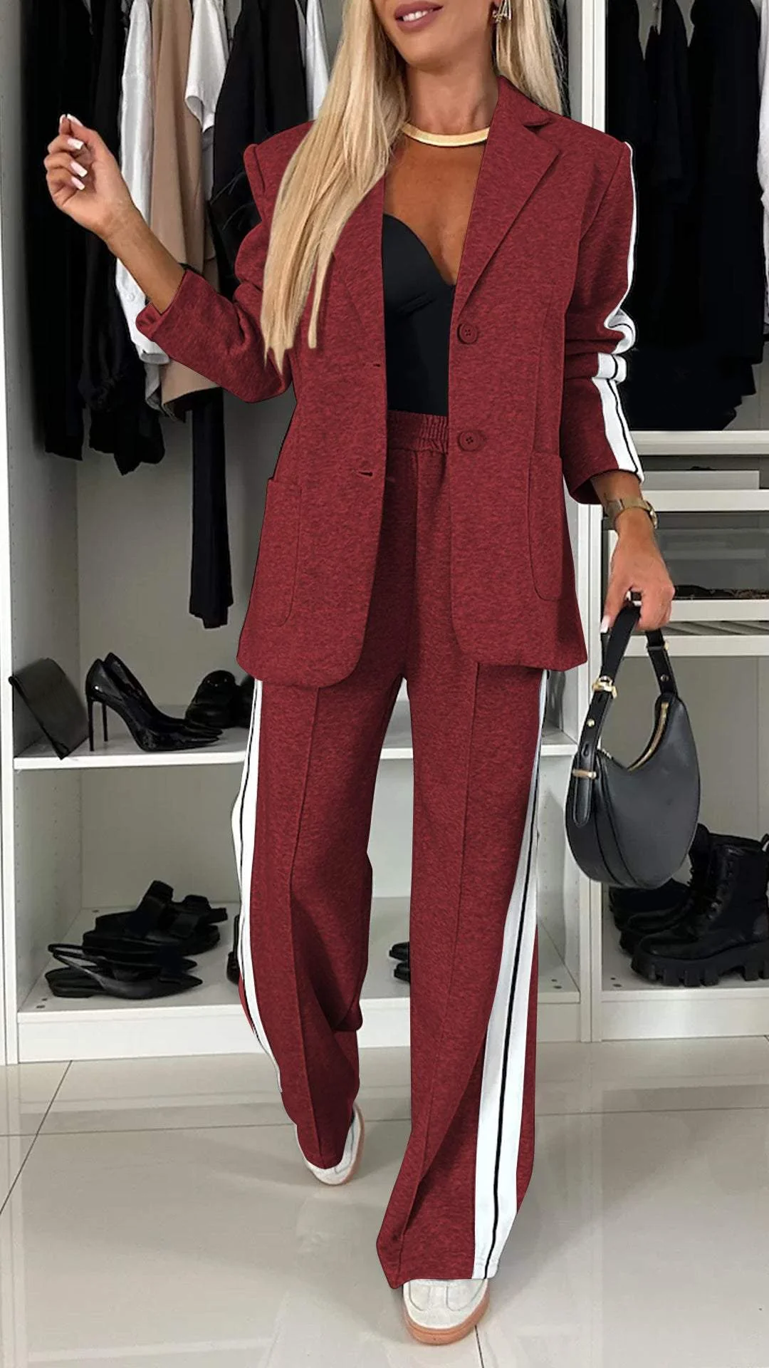 Completo Donna Casual Giacca Monopetto Righe Pantaloni Gamba Larga
