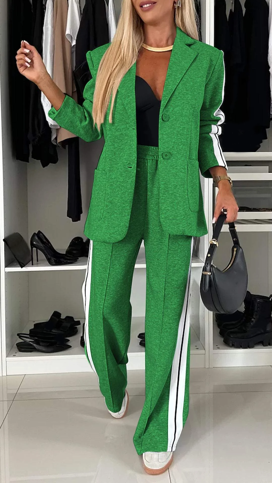 Completo Donna Casual Giacca Monopetto Righe Pantaloni Gamba Larga