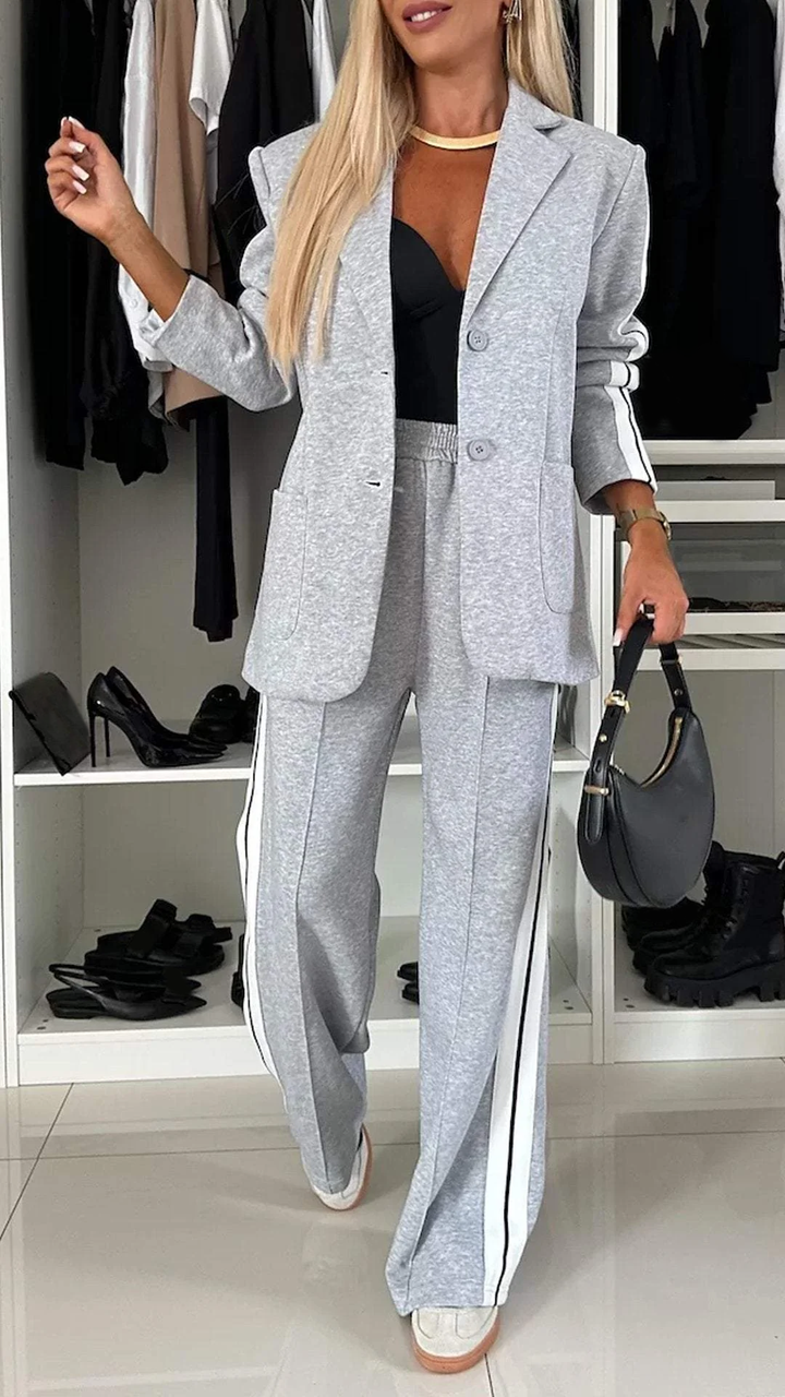 Completo Donna Casual Giacca Monopetto Righe Pantaloni Gamba Larga - Vesarelli