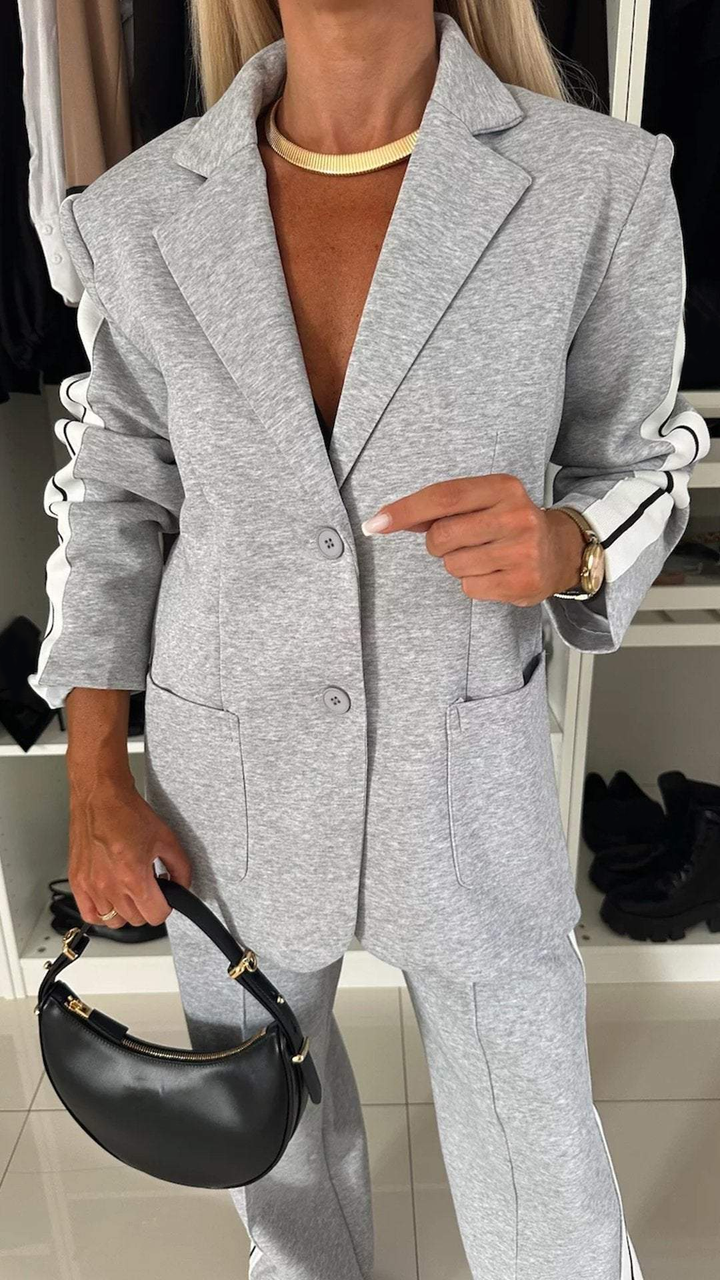 Completo Donna Casual Giacca Monopetto Righe Pantaloni Gamba Larga