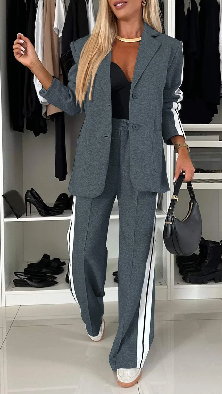 Completo Donna Casual Giacca Monopetto Righe Pantaloni Gamba Larga
