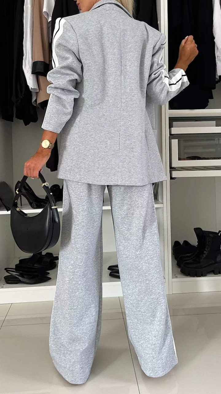 Completo Donna Casual Giacca Monopetto Righe Pantaloni Gamba Larga