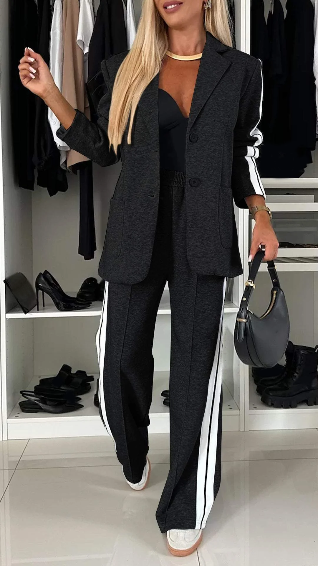 Completo Donna Casual Giacca Monopetto Righe Pantaloni Gamba Larga