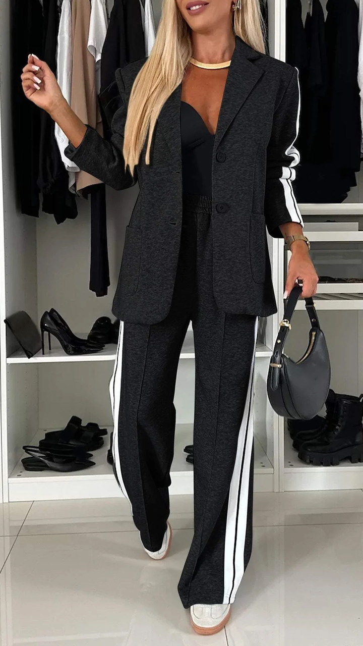 Completo Donna Casual Giacca Monopetto Righe Pantaloni Gamba Larga