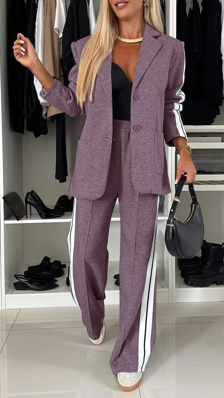 Completo Donna Casual Giacca Monopetto Righe Pantaloni Gamba Larga