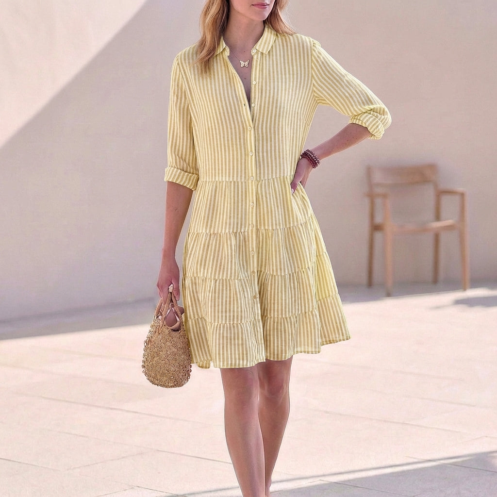 Abito Midi Donna Scollo a V Maniche Tre Quarti Stratificato
