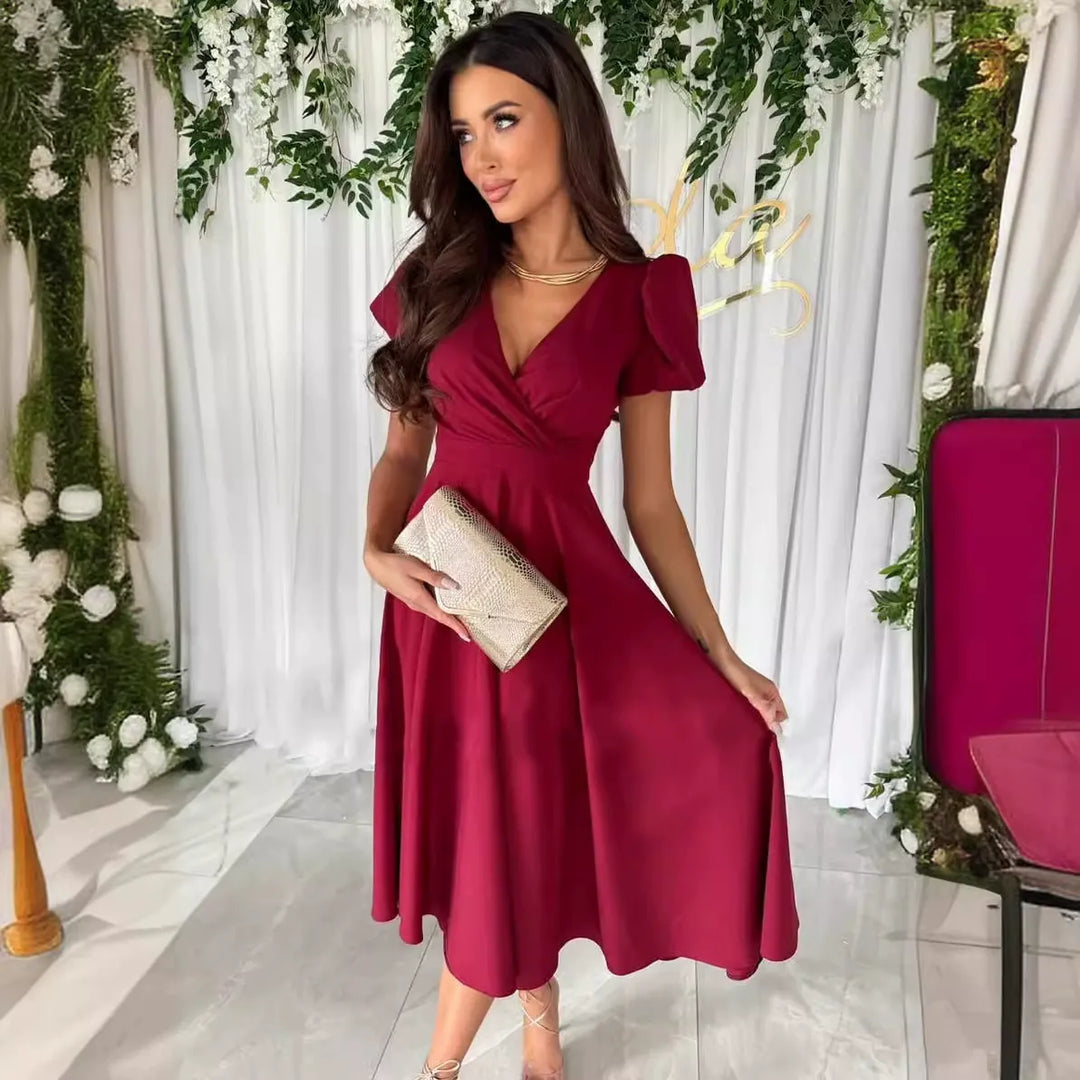 Abito Midi Donna Plissettato Aderente Scollo a V Manica Corta