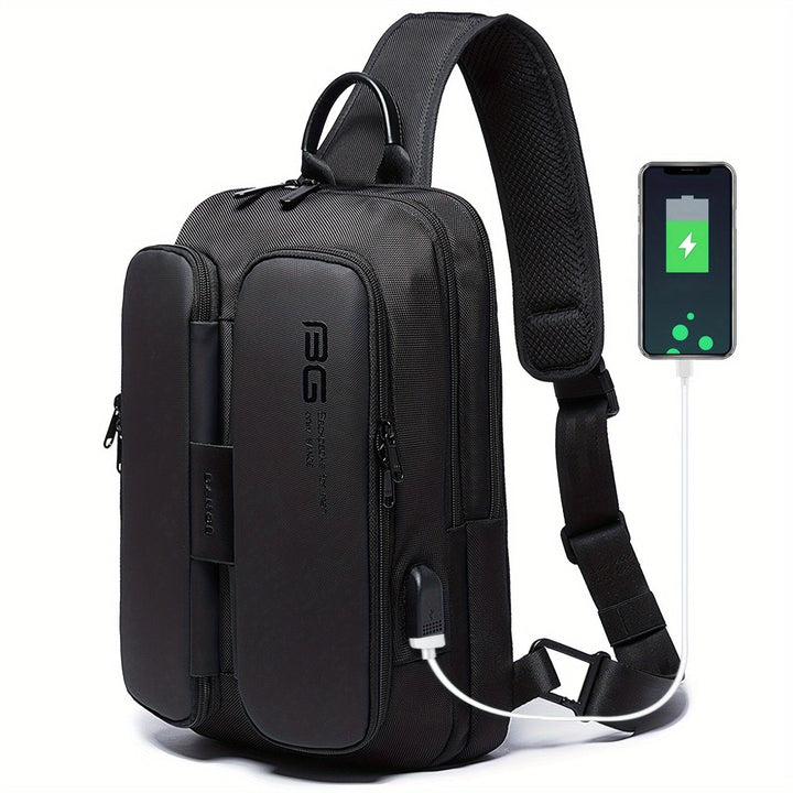 Zaino monospalla nero con porta USB, design moderno, compatto, ideale per viaggi e lavoro. Carica smartphone inclusa. Perfetto per uomo e donna.