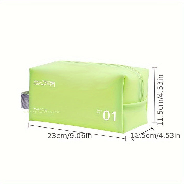 Astuccio da viaggio verde chiaro, dimensioni 23x11,5x11,5 cm, con cerniera e manico laterale. Ideale per cosmetici e accessori.
