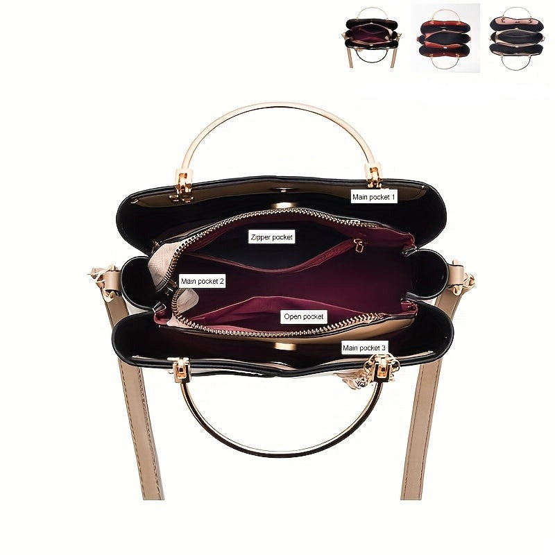 Borsa a mano elegante in pelle nera con manici dorati, vista dall'alto. Interno con tasche multiple: principale, con zip e aperta.