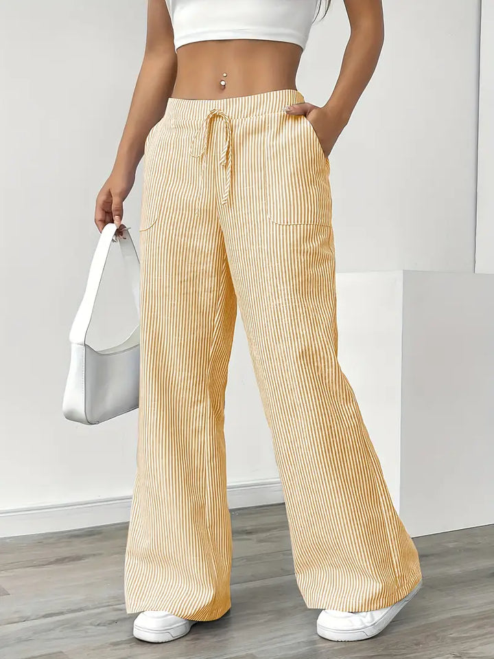 Pantaloni Donna Lino Leggeri Traspiranti Gamba Larga Tasche