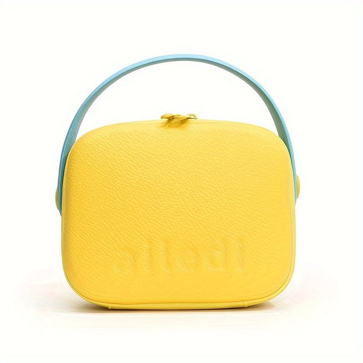 Borsa a tracolla gialla in pelle con manico blu, design moderno e minimalista, accessorio moda donna, perfetta per ogni occasione.