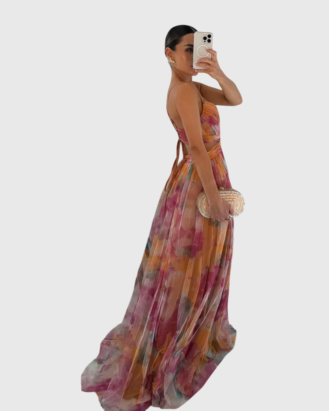 Abito Maxi Donna in Tessuto Stampa Botanica Linea Allungante