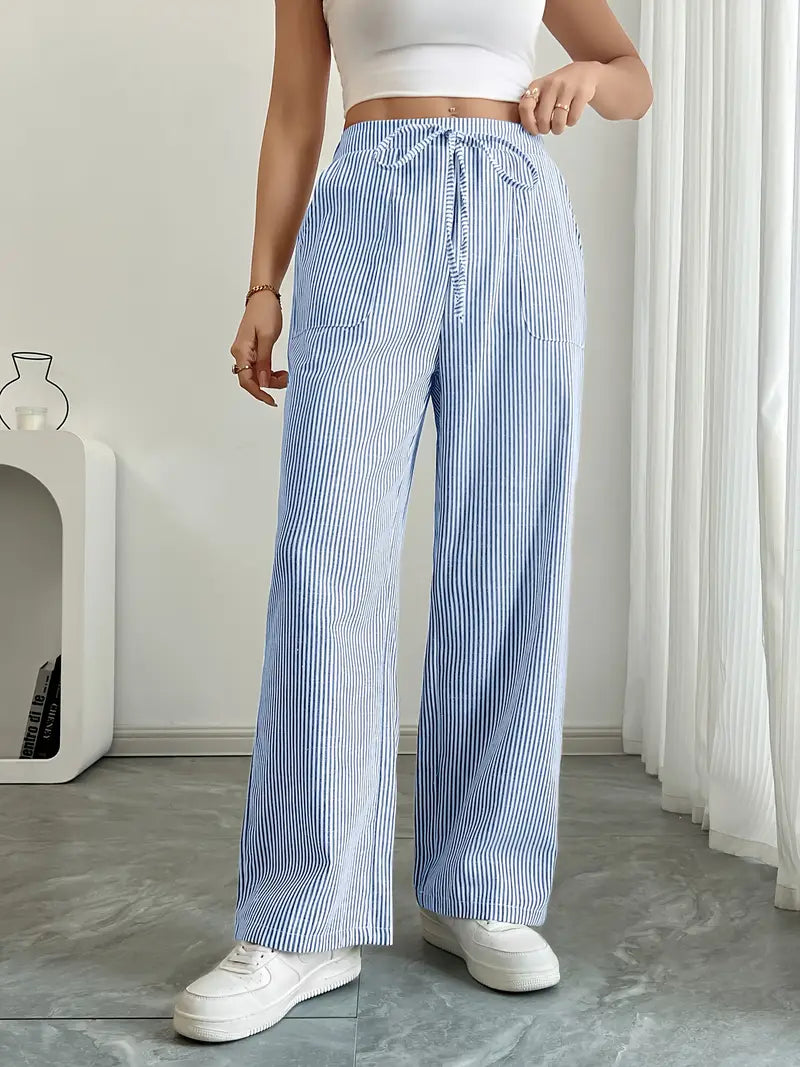 Pantaloni Donna Lino Leggeri Traspiranti Gamba Larga Tasche