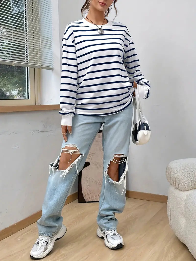 Felpa Donna Casual a Righe Girocollo Regular Fit