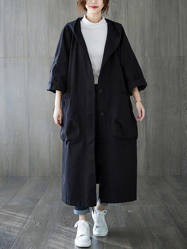 Cappotto Lungo Donna Impermeabile Oversize con Cappuccio e Tasche