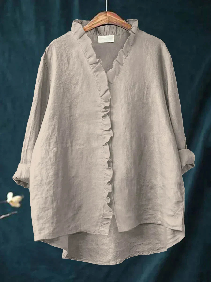 Camicia Donna in Lino Cotone con Volant e Bottoni Manica Corta