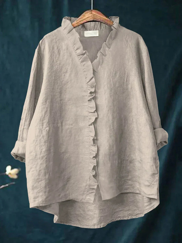 Camicia Donna in Lino Cotone con Volant e Bottoni Manica Corta