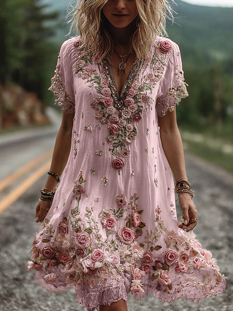 Abito Donna Ricamato Floreale Scollo a V Stile Elegante