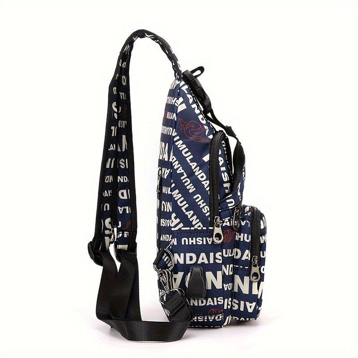 Zaino a tracolla nero con stampa bianca "MULLANDAISHU", tasche multiple, cinghie regolabili. Perfetto per scuola, viaggio, uso quotidiano.