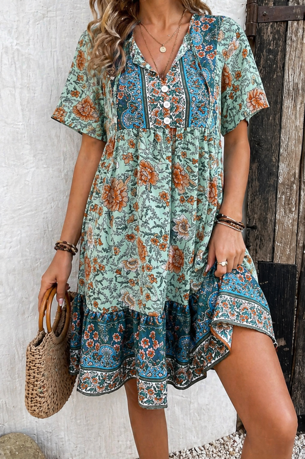 Abito Corto Donna Stampa Floreale Manica Lunga Bohemien - Vesarelli