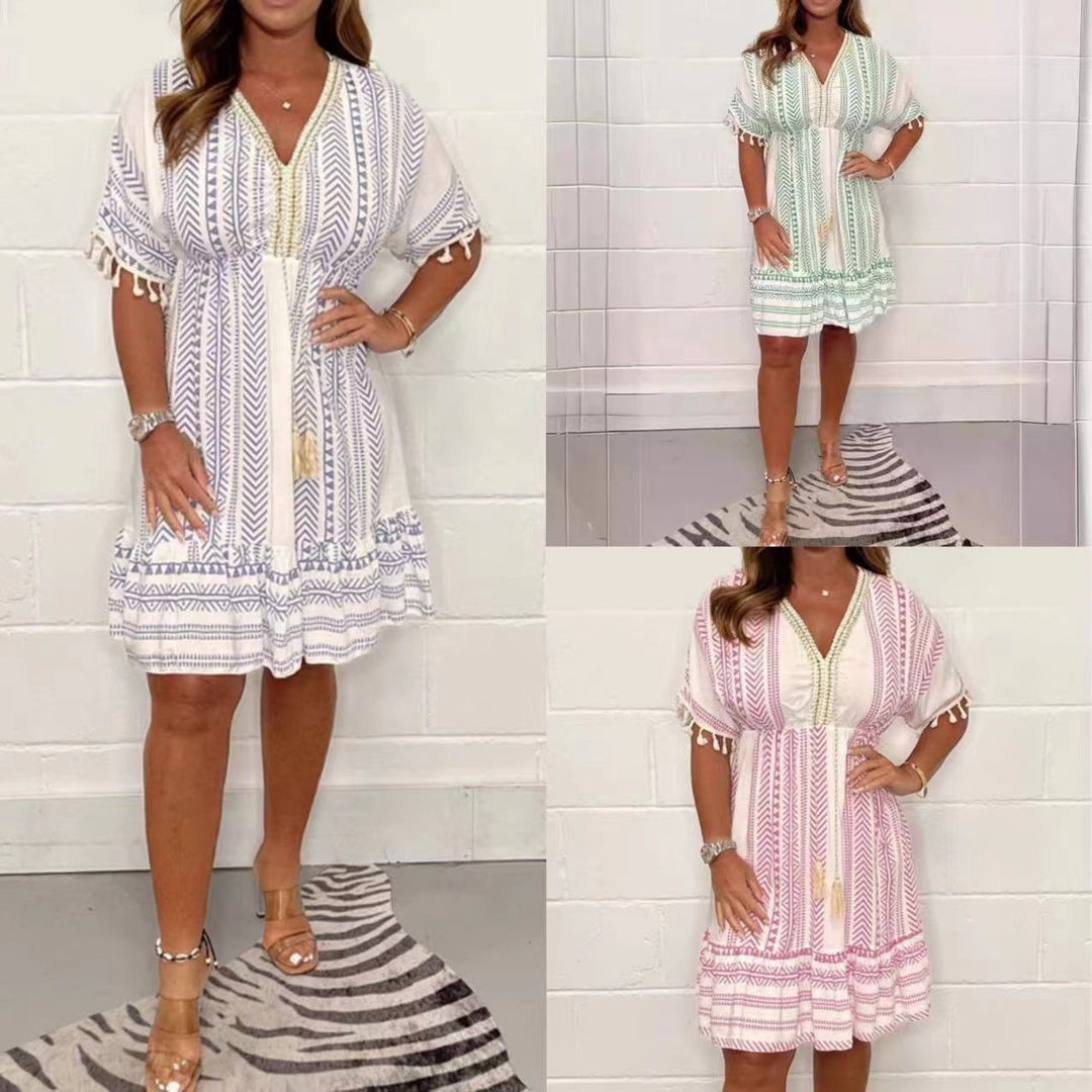 Abito Corto Donna Stile Boho Manica Corta Sotto Ginocchio - Vesarelli