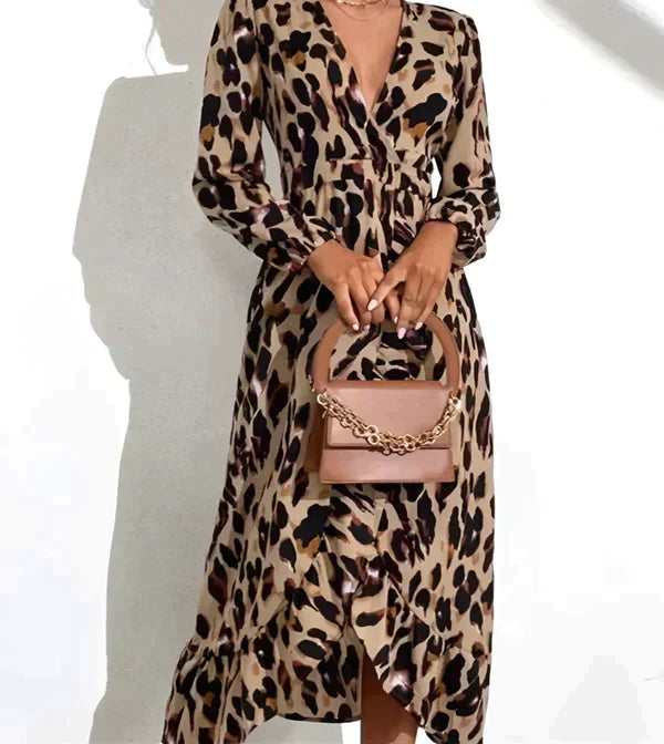 Abito Donna Stampa Animalier Scollo a V Stile Estivo Casual - Vesarelli