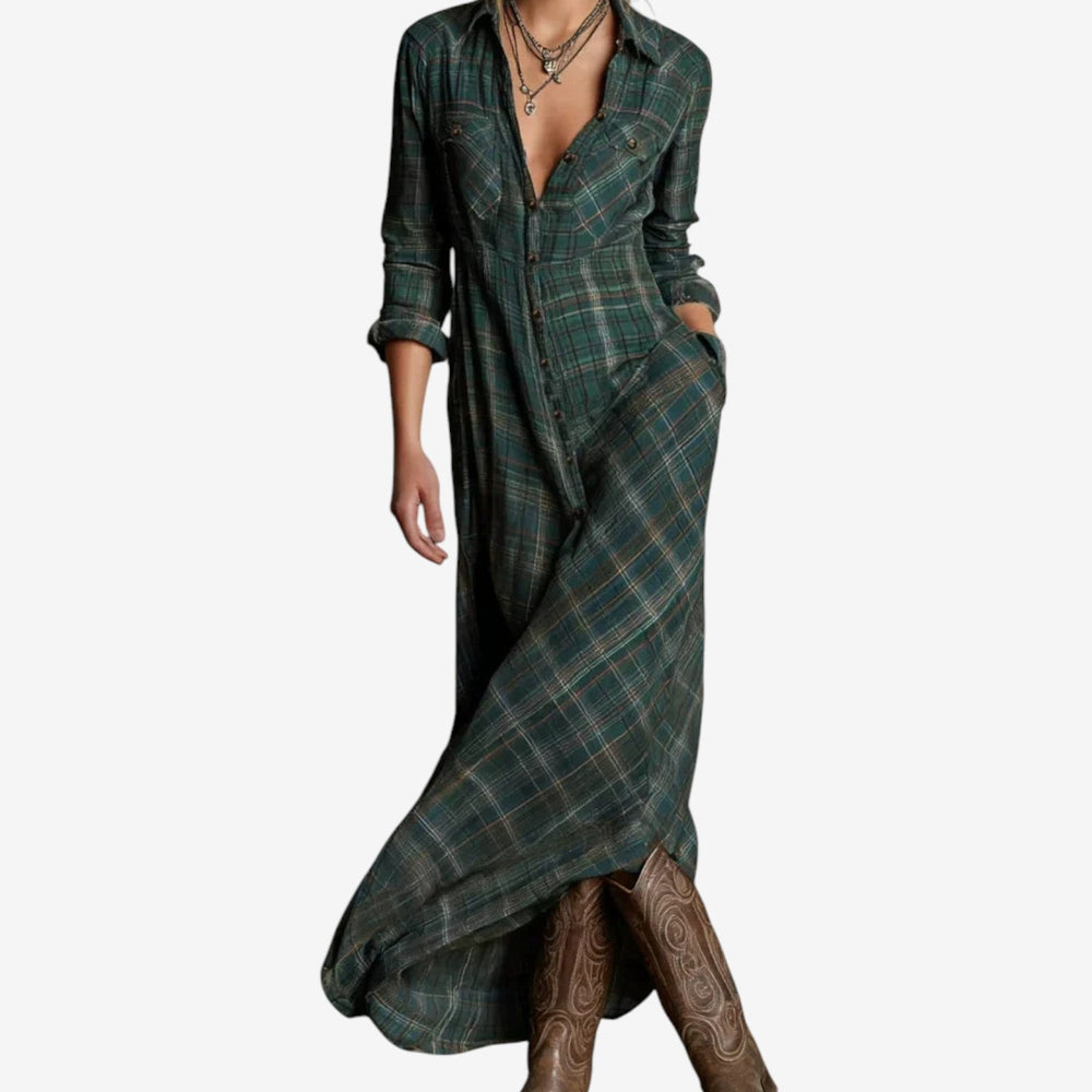 Abito Lungo Donna a Quadri Casual con Colletto - Vesarelli