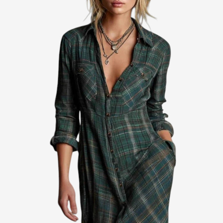 Abito Lungo Donna a Quadri Casual con Colletto - Vesarelli