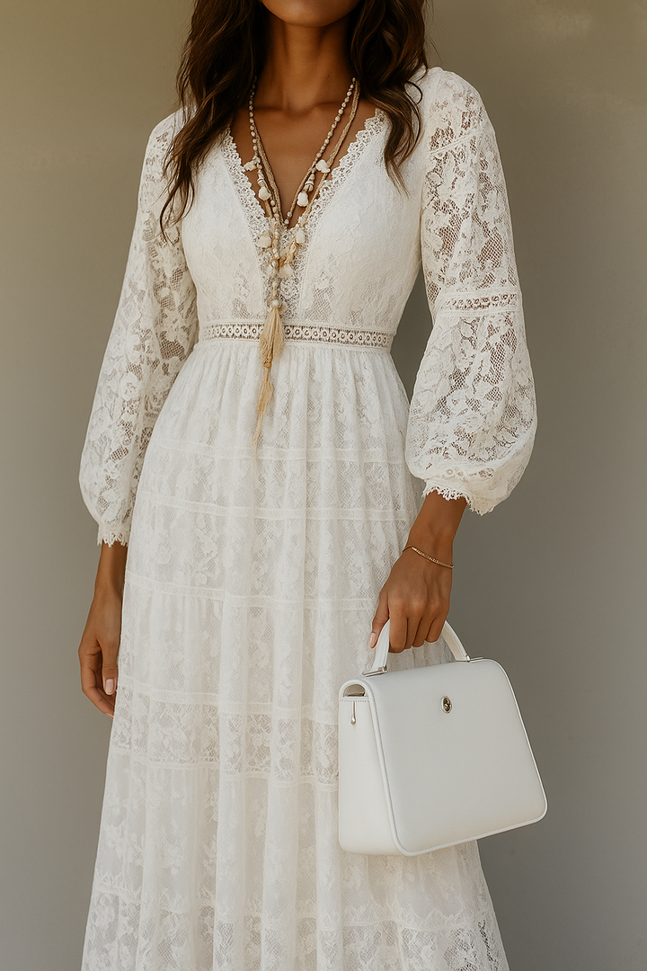 Abito lungo Donna in Tessuto Floreale Scollo a V Stile Boho - Vesarelli