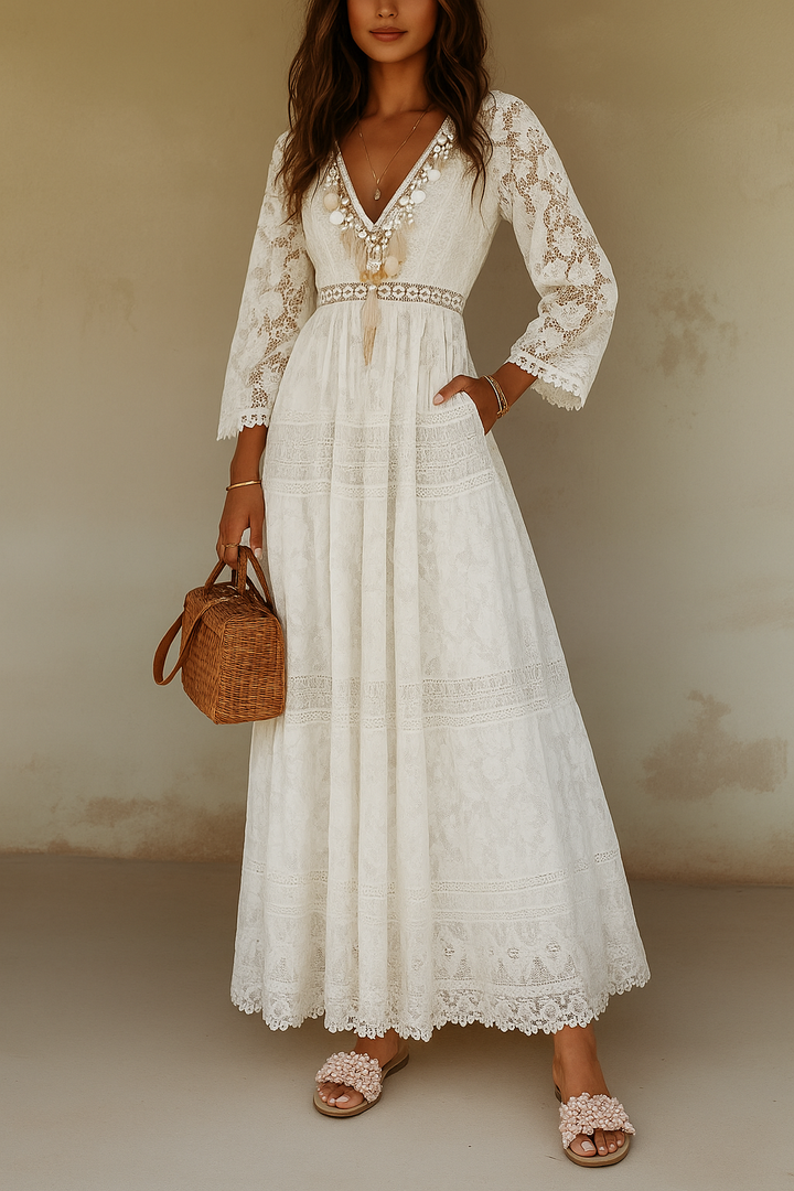 Abito lungo Donna in Tessuto Floreale Scollo a V Stile Boho - Vesarelli