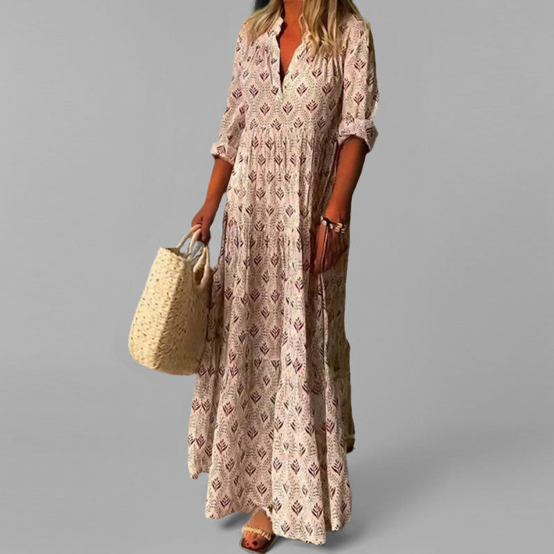 Abito lungo Donna Leggero Vestibilità Ampia Scollo a V Manica Lunga - Vesarelli
