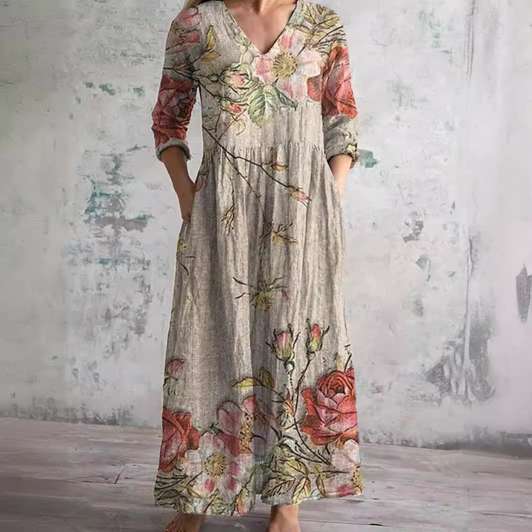 Abito lungo Donna Scollo a V Stile Boho Estivo - Vesarelli