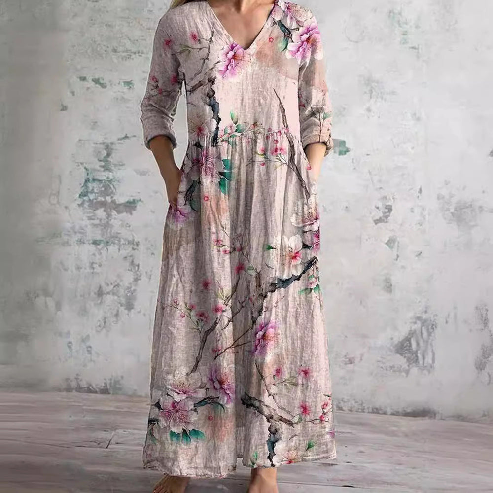 Abito lungo Donna Scollo a V Stile Boho Estivo - Vesarelli